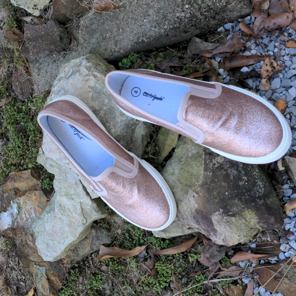 Cat & Jack Madigan Rose Gold Glitter Slip-On Sneakers with White Rubber …
